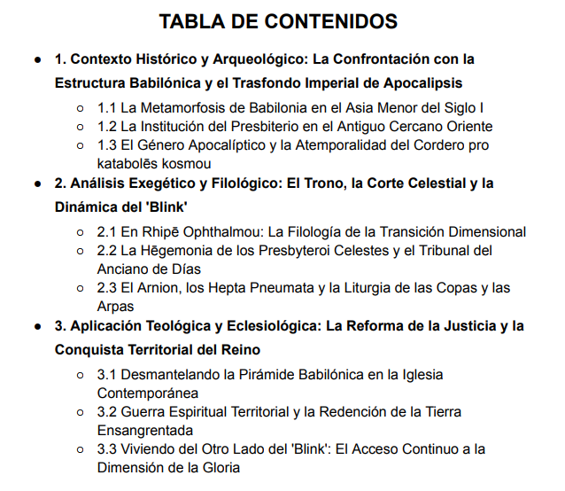 tabla de contenido del libro La Corte Celestial de Dios